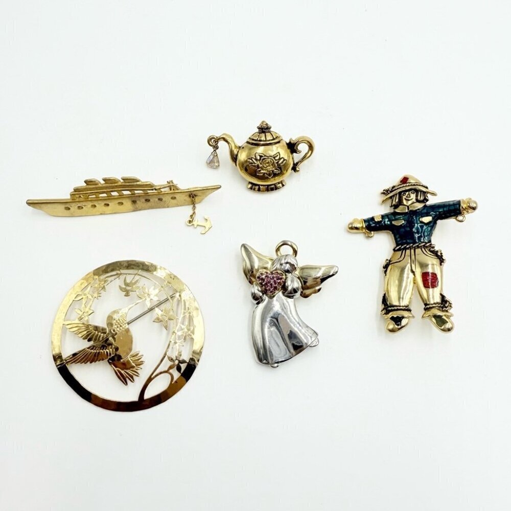 Vintage Gold Tone Hummingbird Cruise Ship Teapot Scarecrow Angel Pin Lots